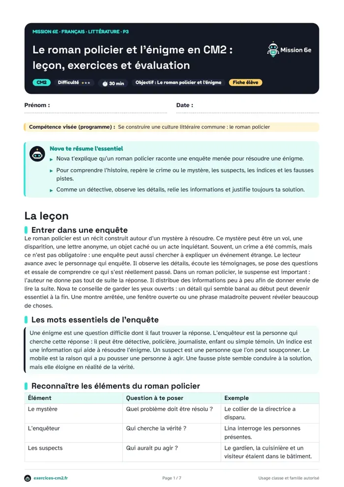 Aperçu du PDF à imprimer : Le roman policier et l'énigme en CM2 : leçon, exercices et évaluation