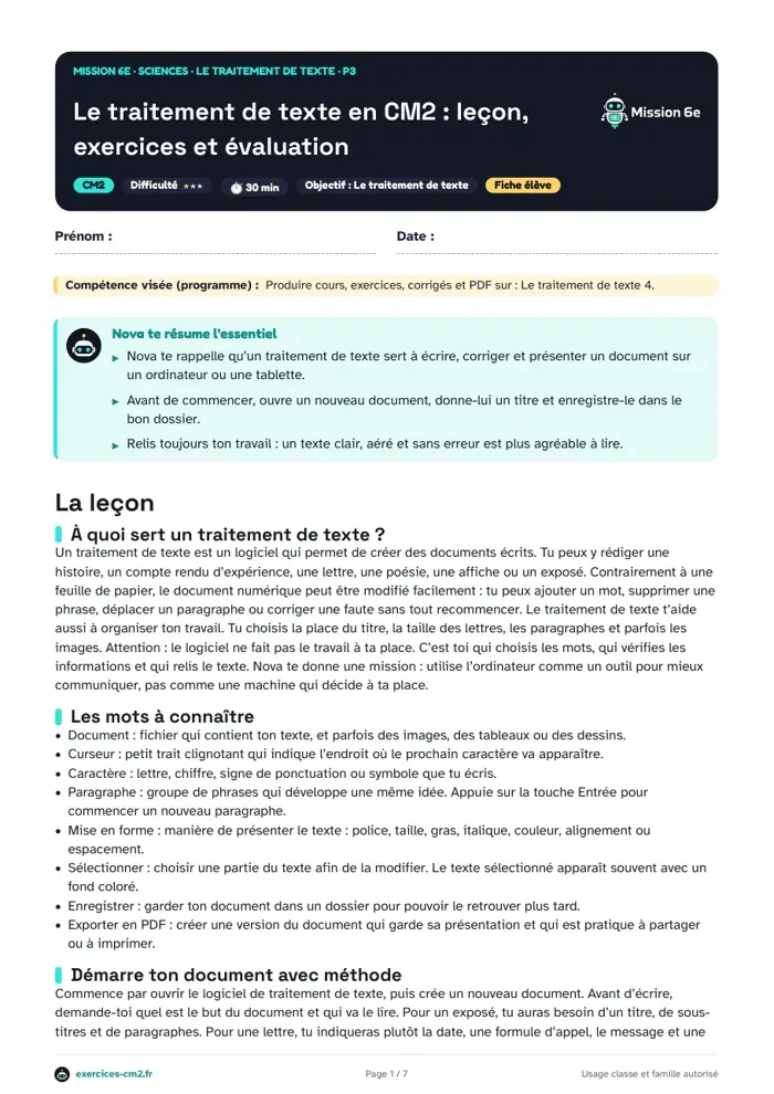 Aperçu du PDF à imprimer : Le traitement de texte en CM2 : leçon, exercices et évaluation