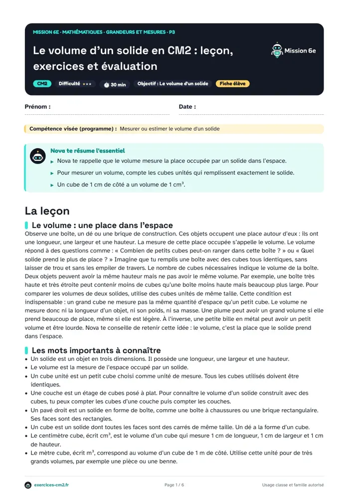 Aperçu du PDF à imprimer : Le volume d'un solide en CM2 : leçon, exercices et évaluation