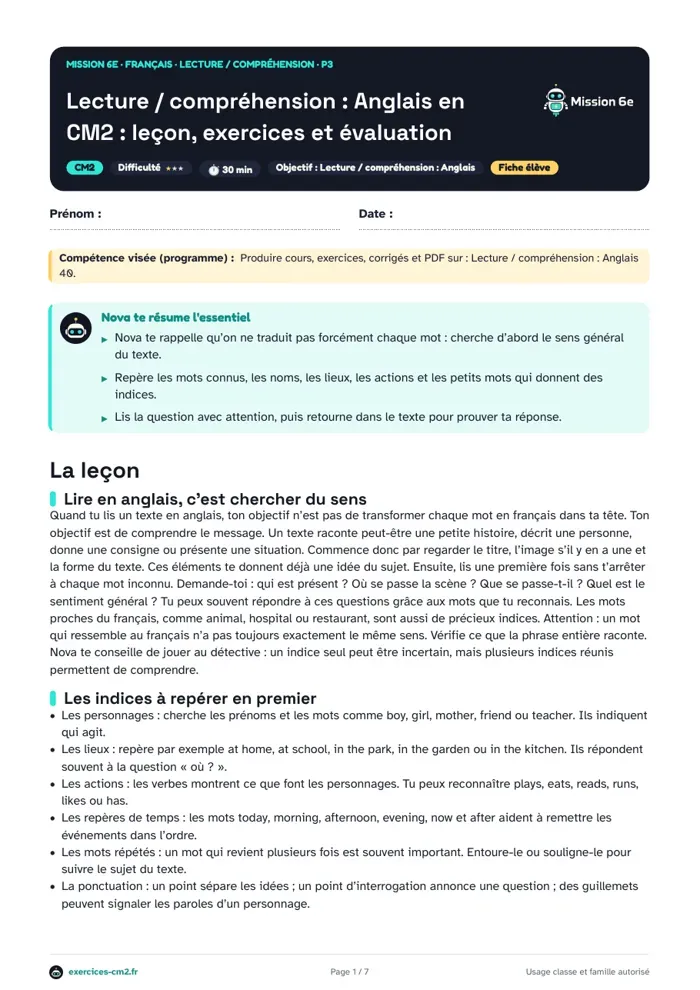 Aperçu du PDF à imprimer : Lire un texte en anglais au CM2 : comprendre sans traduire mot à mot