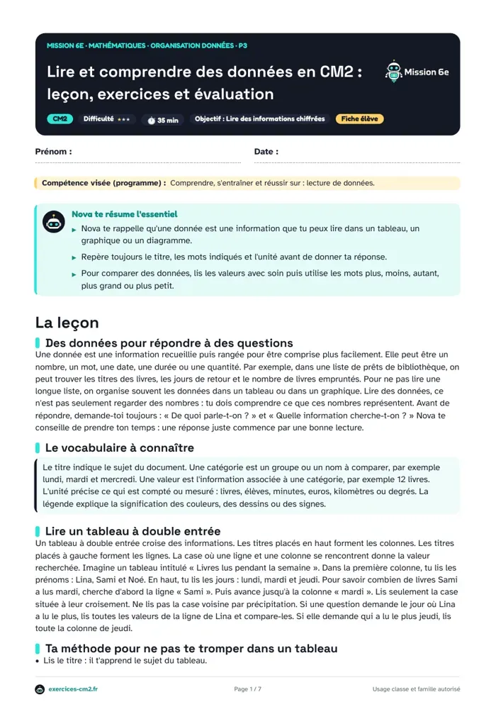 Aperçu du PDF à imprimer : Lire et comprendre des données en CM2 : leçon, exercices et évaluation