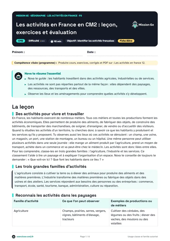 Aperçu du PDF à imprimer : Les activités en France en CM2 : leçon, exercices et évaluation