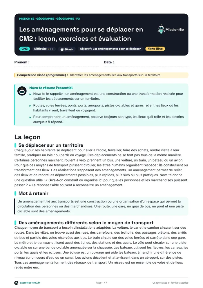 Aperçu du PDF à imprimer : Les aménagements pour se déplacer en CM2 : leçon, exercices et évaluation