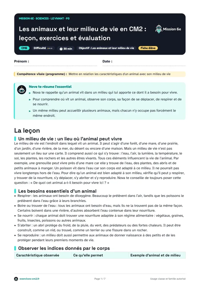 Aperçu du PDF à imprimer : Les animaux et leur milieu de vie en CM2 : leçon, exercices et évaluation