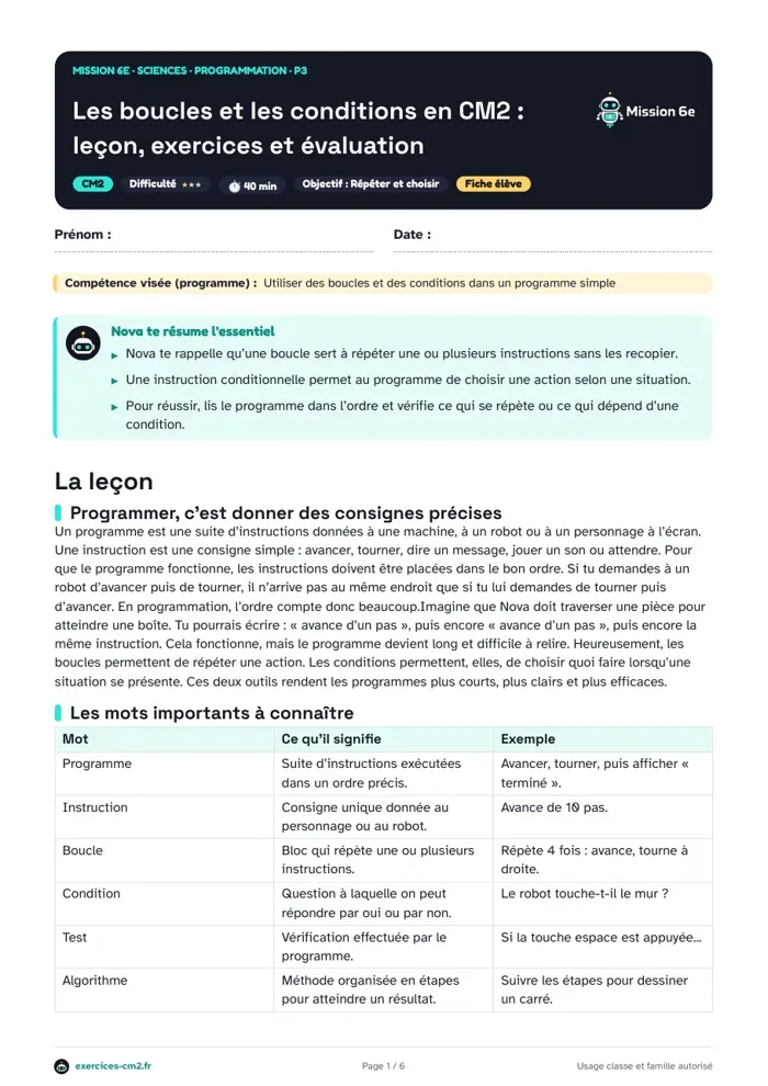 Aperçu du PDF à imprimer : Les boucles et les conditions en CM2 : leçon, exercices et évaluation