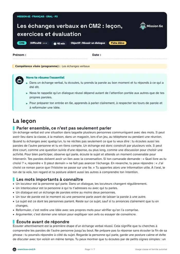 Aperçu du PDF à imprimer : Les échanges verbaux en CM2 : leçon, exercices et évaluation
