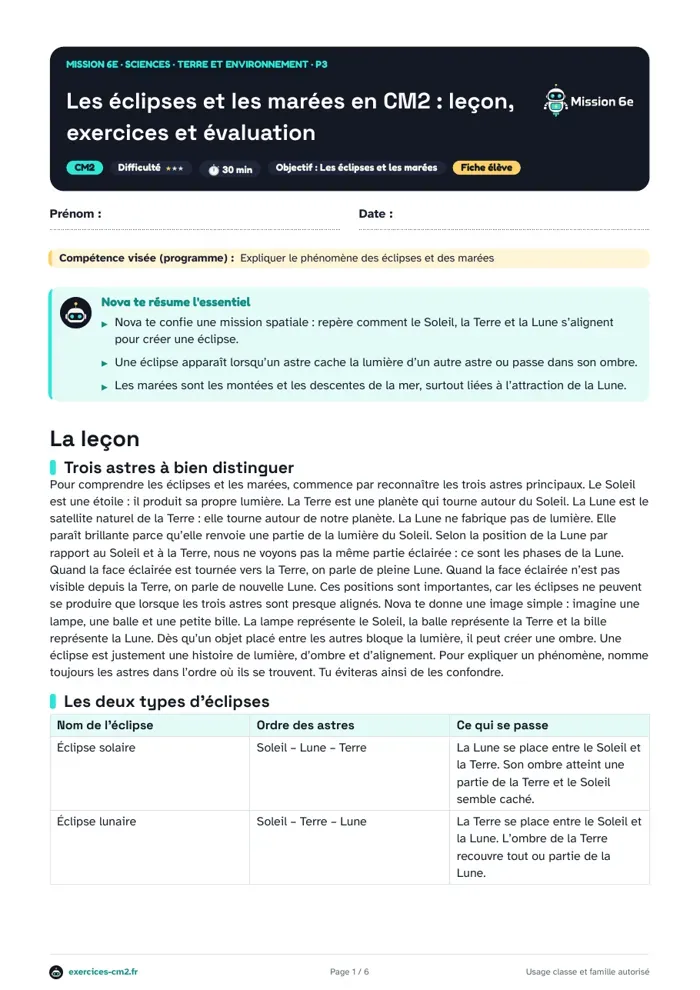 Aperçu du PDF à imprimer : Les éclipses et les marées en CM2 : leçon, exercices et évaluation