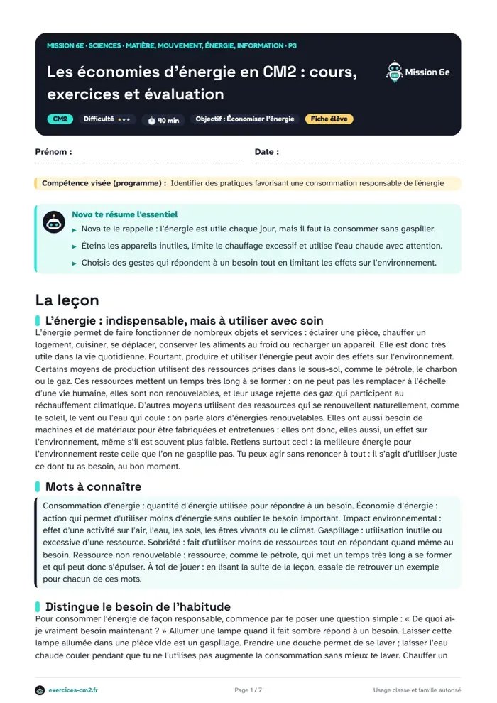 Aperçu du PDF à imprimer : Les économies d’énergie en CM2 : cours, exercices et évaluation