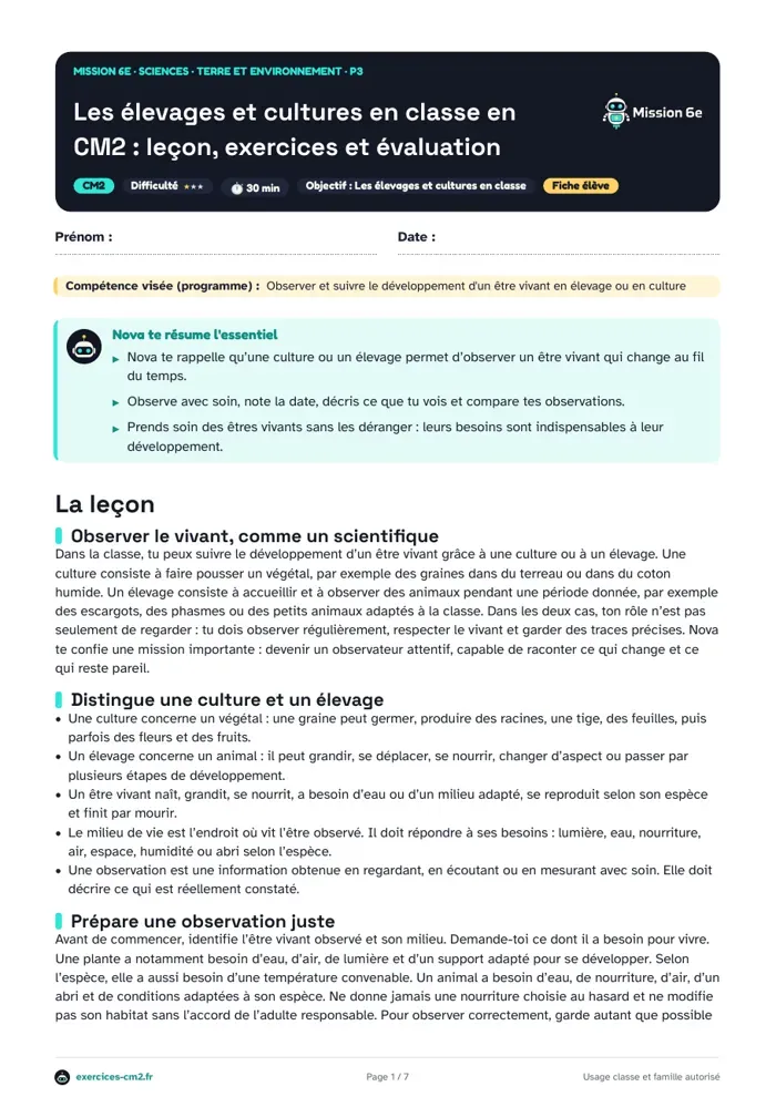 Aperçu du PDF à imprimer : Les élevages et cultures en classe en CM2 : leçon, exercices et évaluation