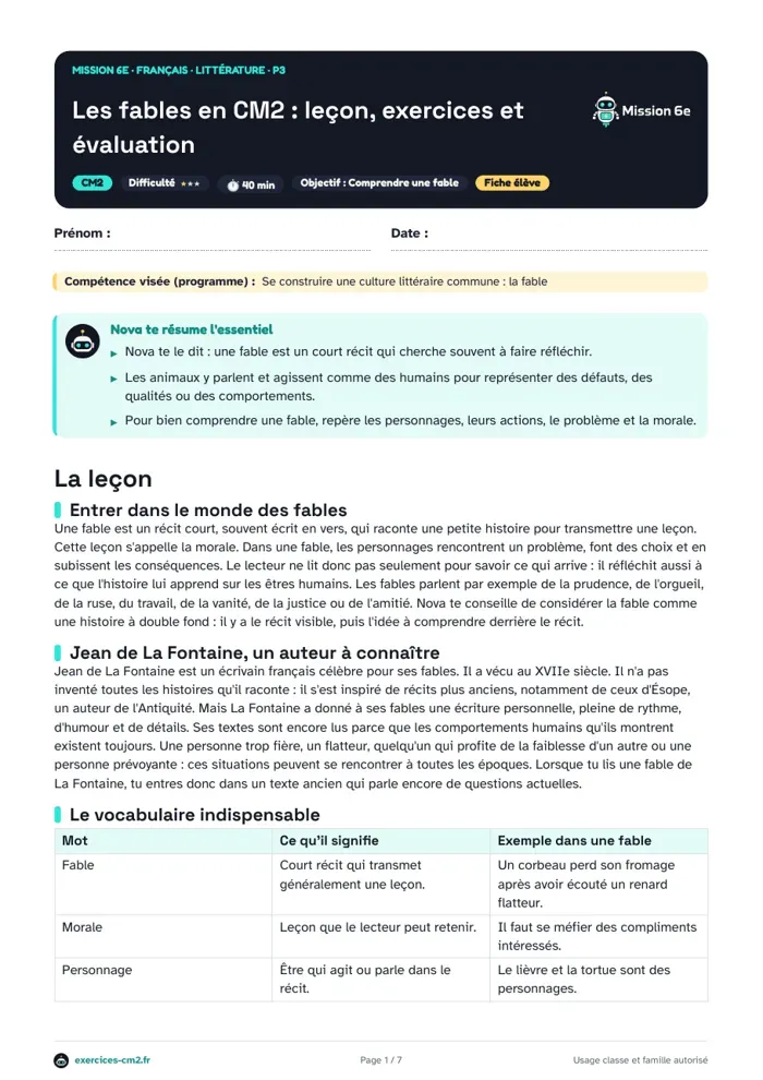Aperçu du PDF à imprimer : Les fables en CM2 : leçon, exercices et évaluation