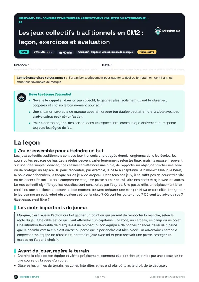 Aperçu du PDF à imprimer : Les jeux collectifs traditionnels en CM2 : leçon, exercices et évaluation