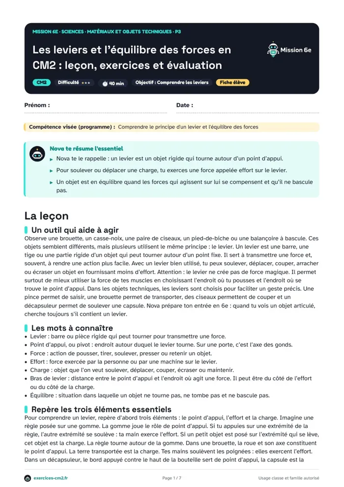 Aperçu du PDF à imprimer : Les leviers et l’équilibre des forces en CM2 : leçon, exercices et évaluation