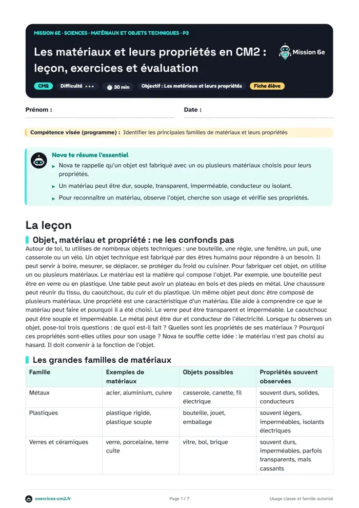 Aperçu du PDF à imprimer : Les matériaux et leurs propriétés en CM2 : leçon, exercices et évaluation