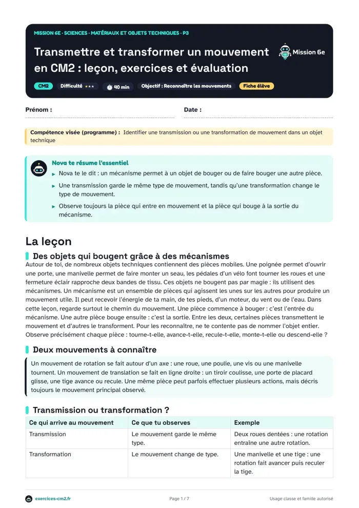 Aperçu du PDF à imprimer : Transmettre et transformer un mouvement en CM2 : leçon, exercices et évaluation