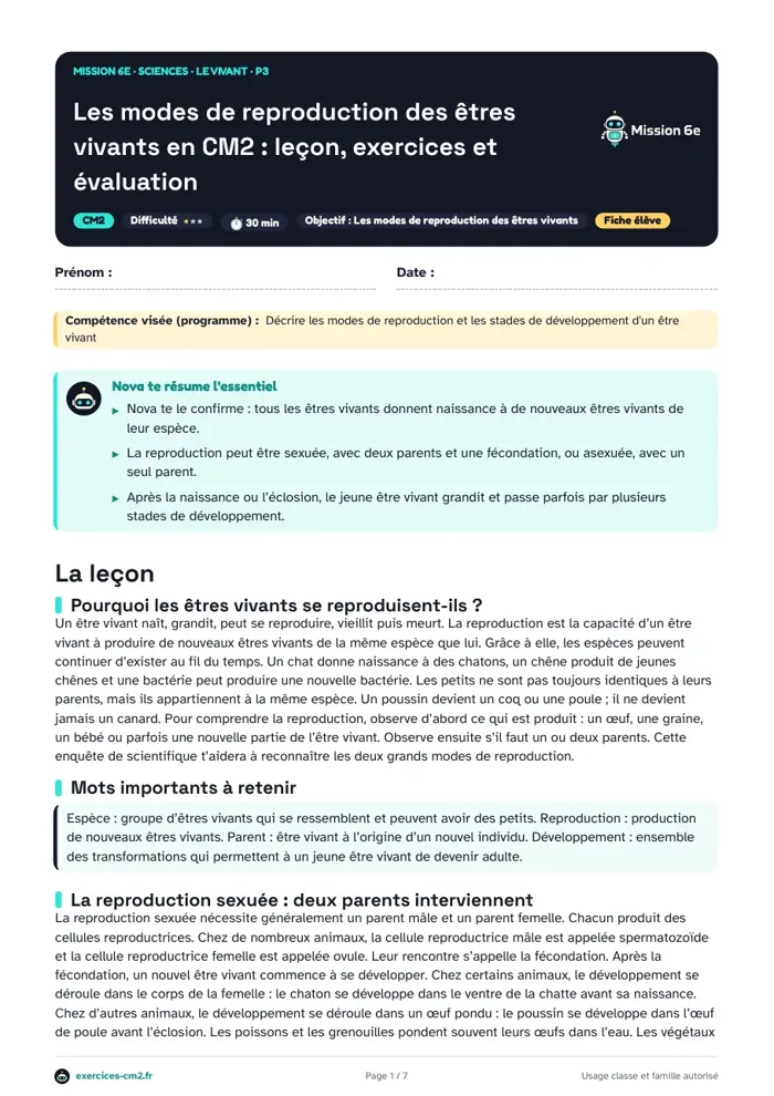 Aperçu du PDF à imprimer : Les modes de reproduction des êtres vivants en CM2 : leçon, exercices et évaluation