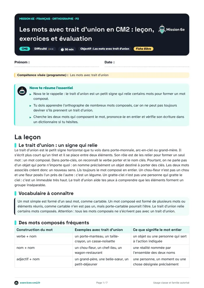 Aperçu du PDF à imprimer : Les mots avec trait d’union en CM2 : leçon, exercices et évaluation