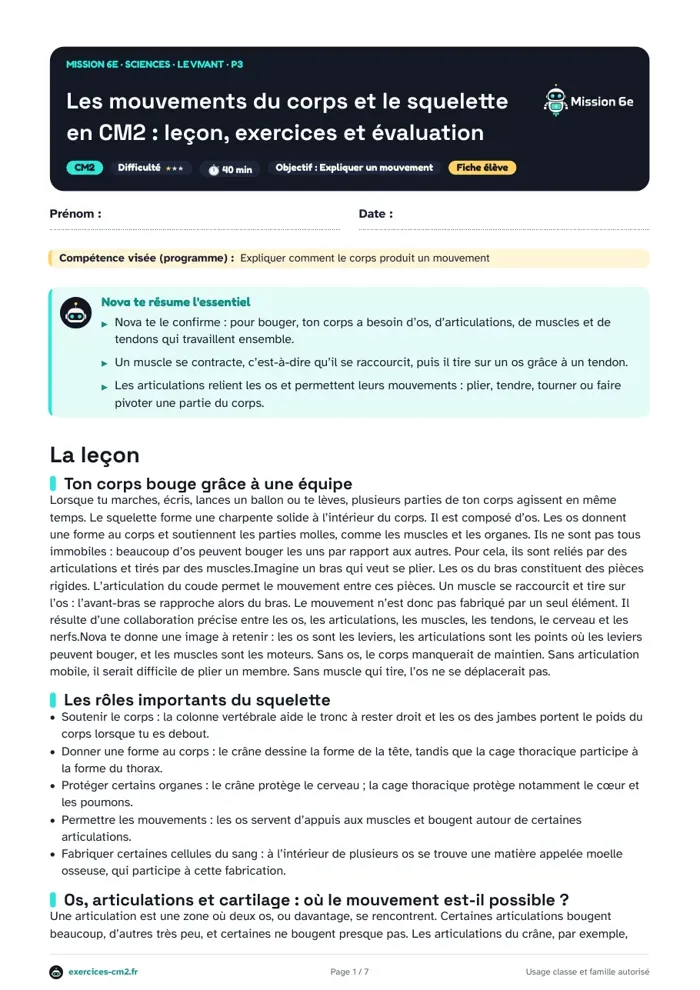 Aperçu du PDF à imprimer : Les mouvements du corps et le squelette en CM2 : leçon, exercices et évaluation
