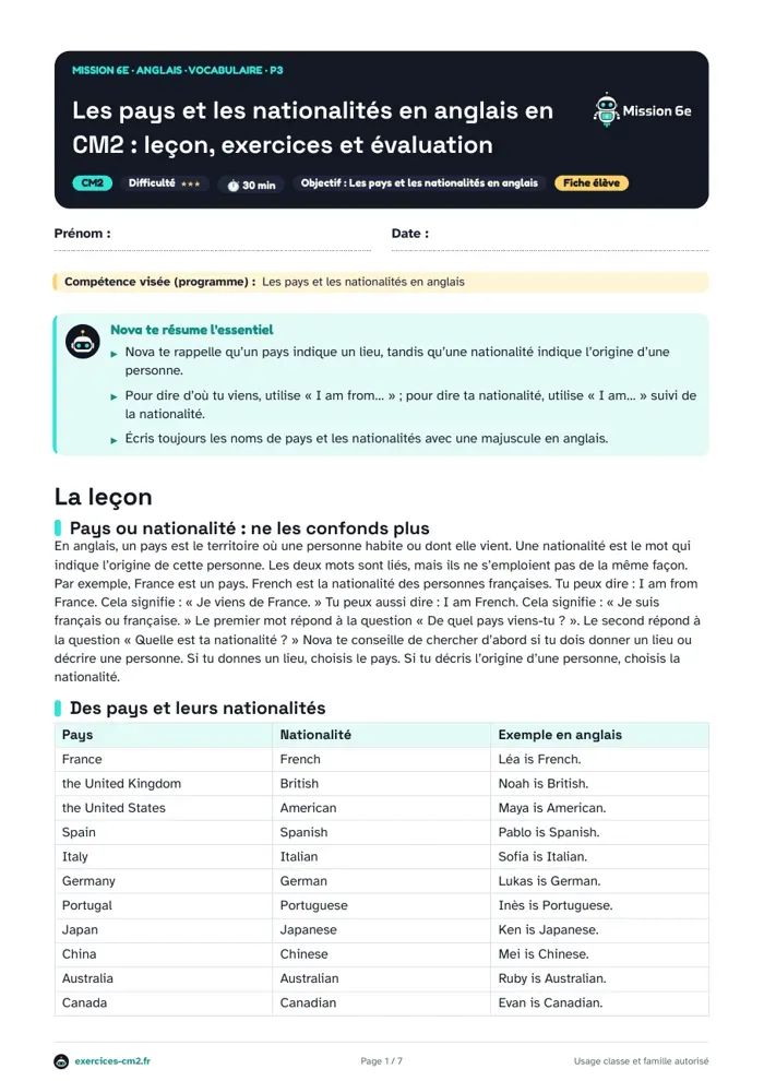Aperçu du PDF à imprimer : Les pays et les nationalités en anglais en CM2 : leçon, exercices et évaluation