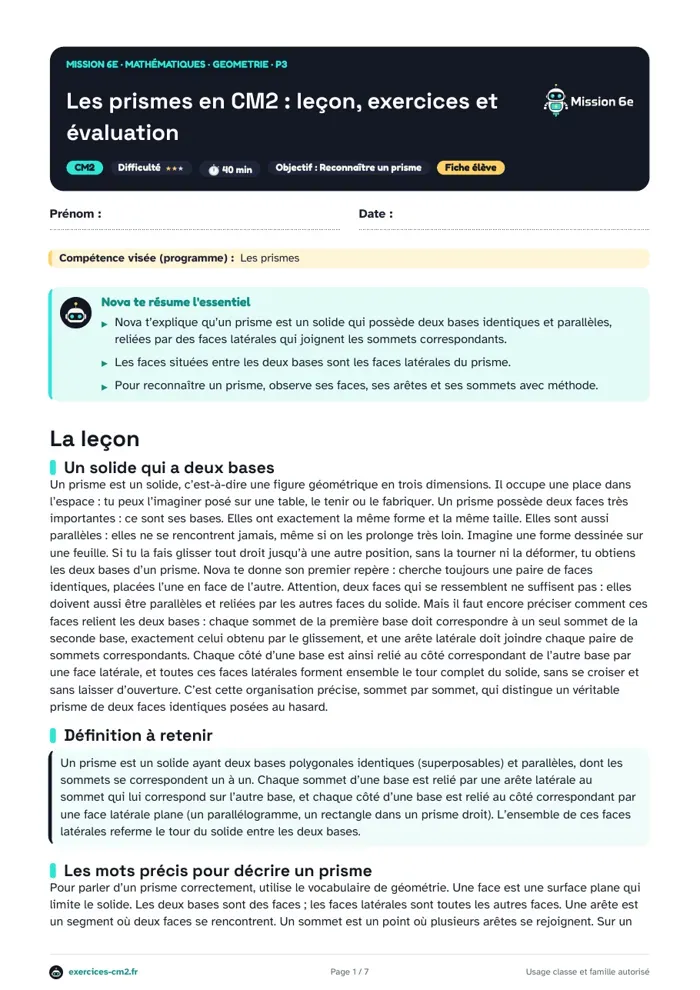 Aperçu du PDF à imprimer : Les prismes en CM2 : leçon, exercices et évaluation