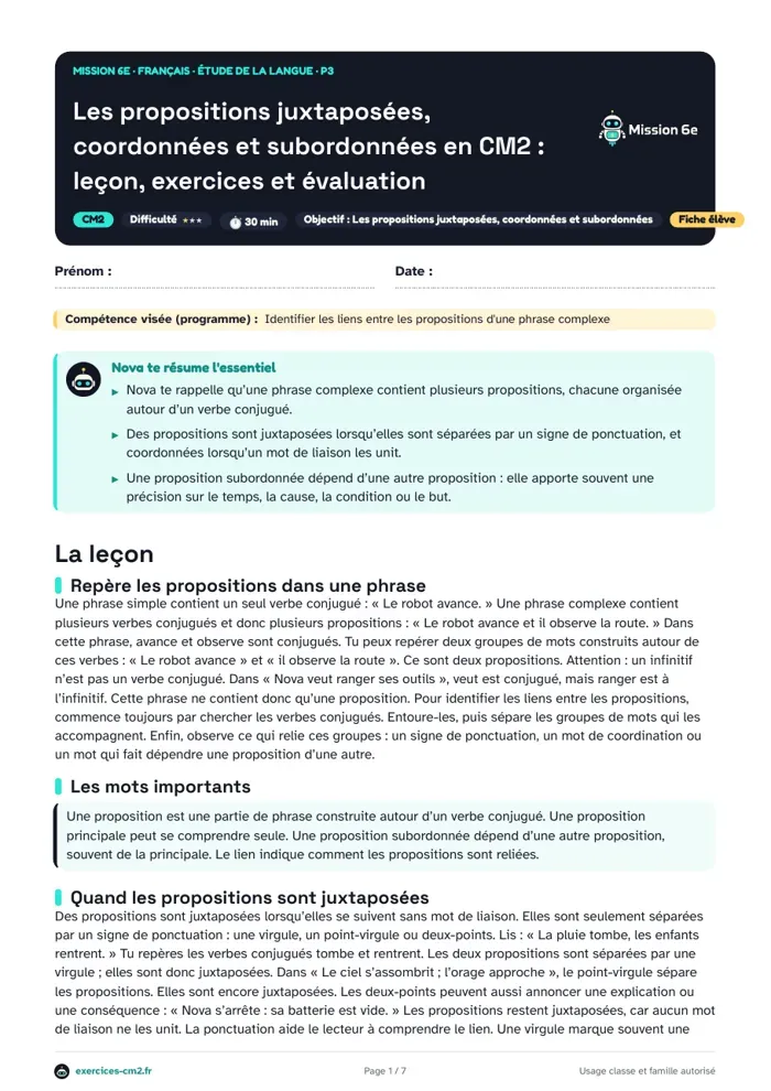 Aperçu du PDF à imprimer : Les propositions juxtaposées, coordonnées et subordonnées en CM2 : leçon, exercices et évaluation