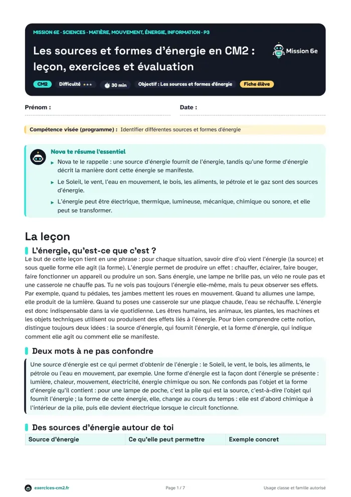 Aperçu du PDF à imprimer : Les sources et formes d'énergie en CM2 : leçon, exercices et évaluation