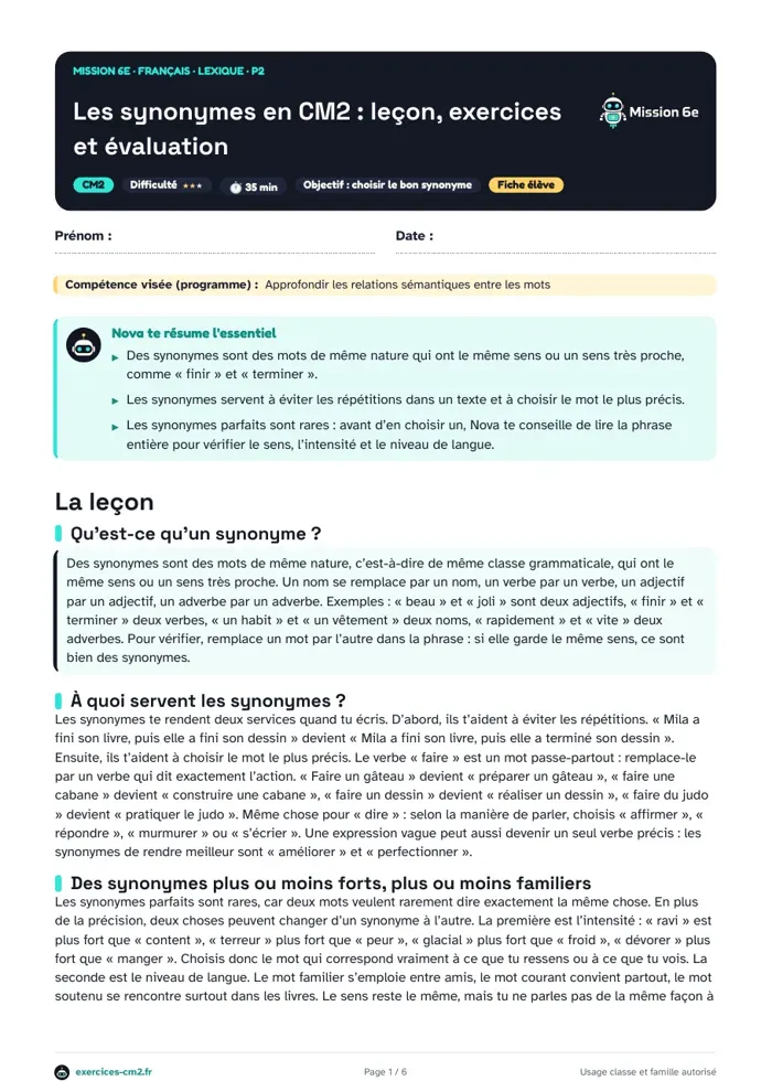 Aperçu du PDF à imprimer : Les synonymes en CM2 : leçon, exercices et évaluation