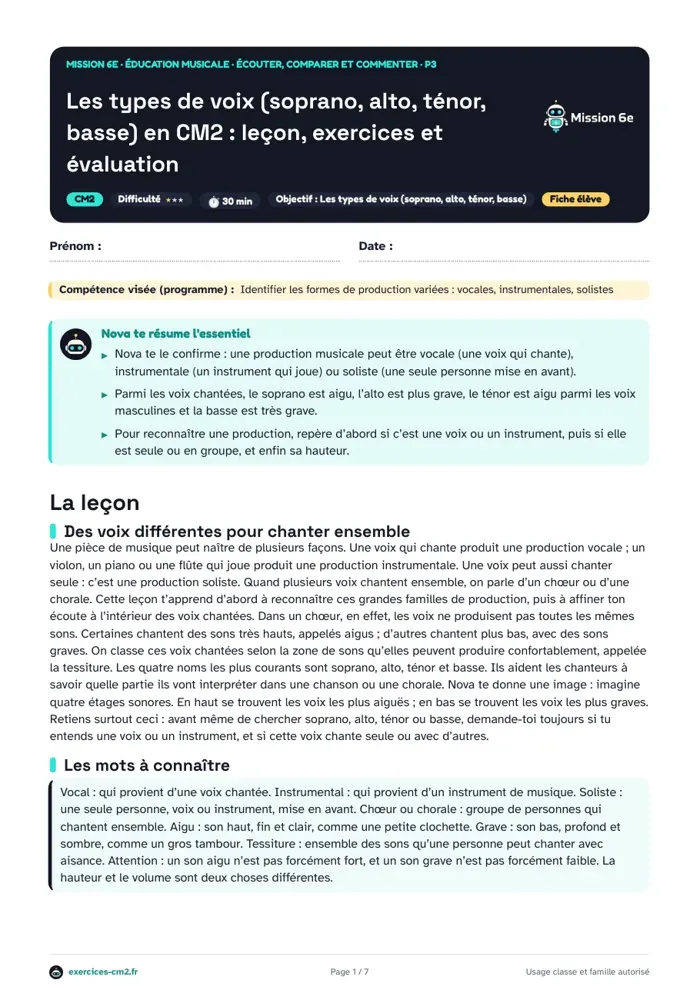 Aperçu du PDF à imprimer : Les types de voix (soprano, alto, ténor, basse) en CM2 : leçon, exercices et évaluation