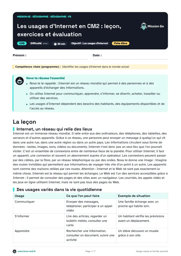Aperçu du PDF à imprimer : Les usages d'Internet en CM2 : leçon, exercices et évaluation