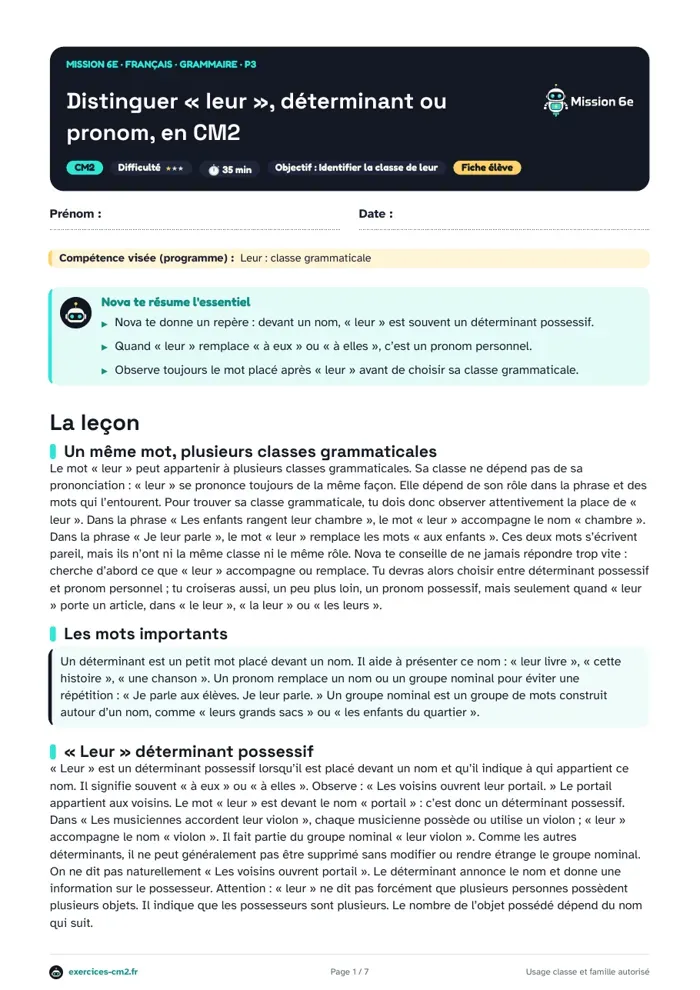 Aperçu du PDF à imprimer : Distinguer « leur », déterminant ou pronom, en CM2