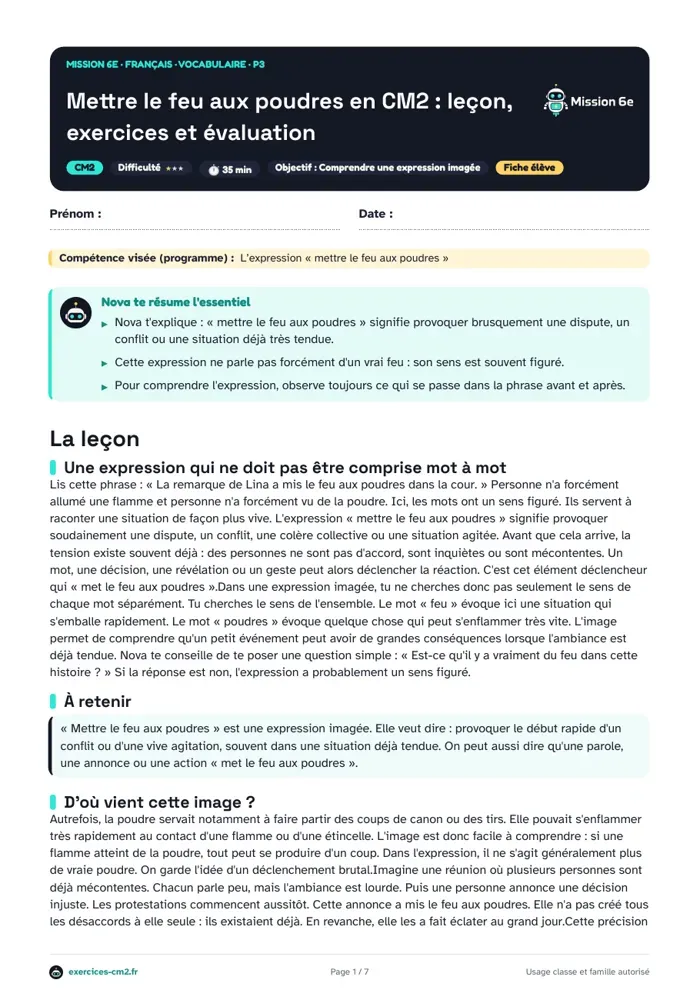 Aperçu du PDF à imprimer : Mettre le feu aux poudres en CM2 : leçon, exercices et évaluation