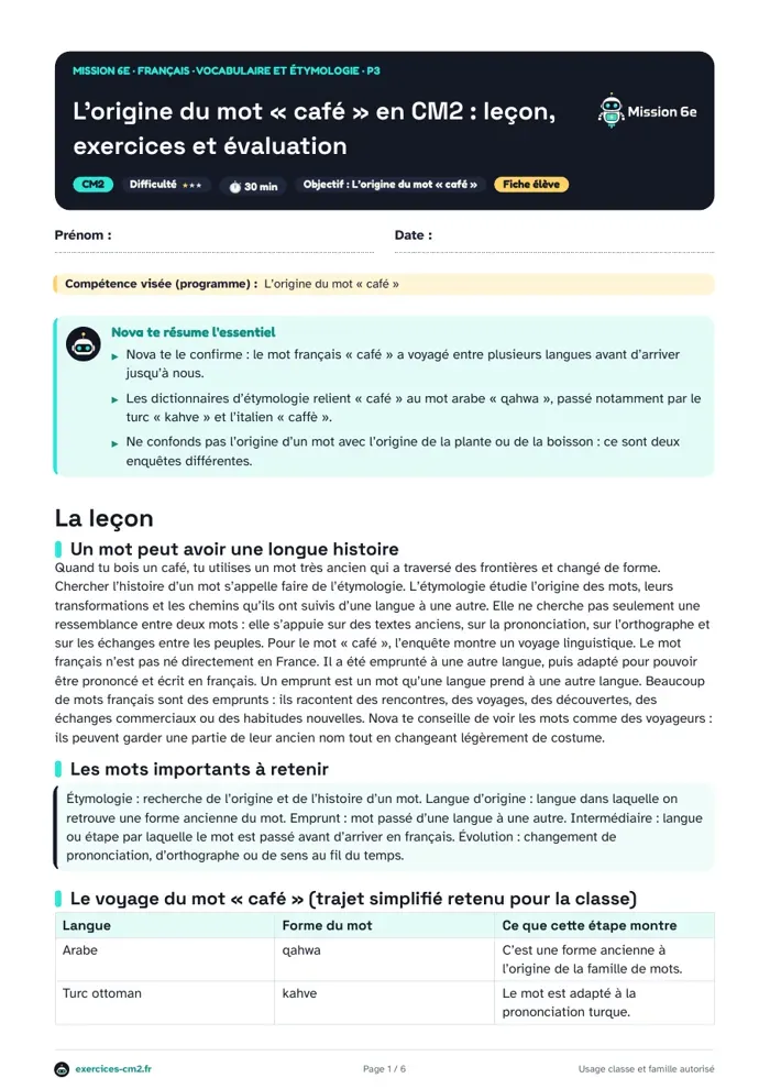 Aperçu du PDF à imprimer : L’origine du mot « café » en CM2 : leçon, exercices et évaluation