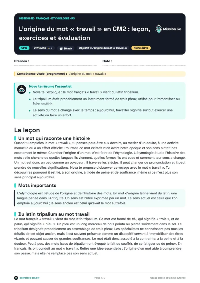 Aperçu du PDF à imprimer : L’origine du mot « travail » en CM2 : leçon, exercices et évaluation