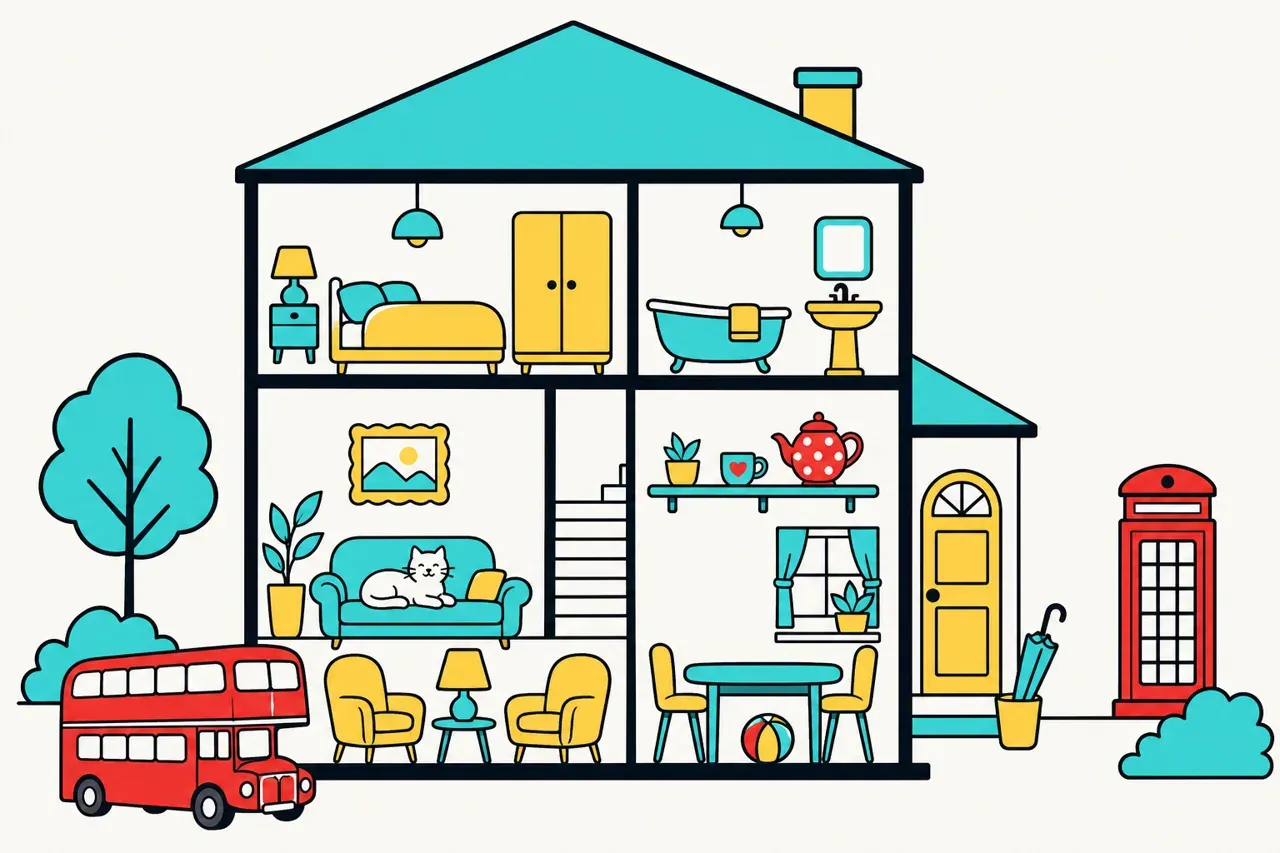 La maison et la localisation (there is/are, prépositions de lieu) — illustration Mission 6e