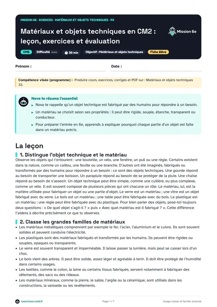 Aperçu du PDF à imprimer : Matériaux et objets techniques en CM2 : leçon, exercices et évaluation