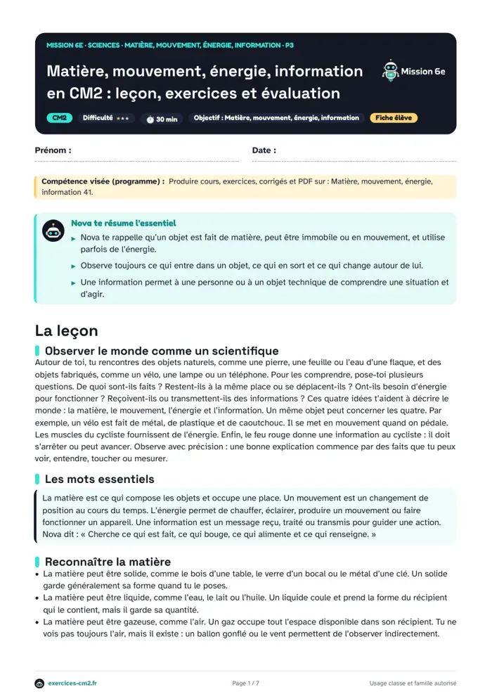 Aperçu du PDF à imprimer : Décrire un objet en sciences au CM2 : matière, mouvement, énergie, information