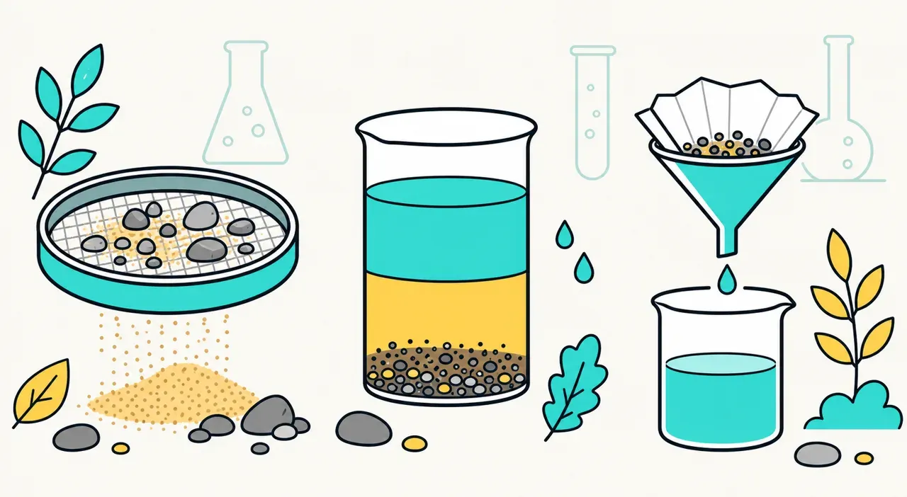 Les mélanges et leurs séparations : tamisage, décantation, filtration, illustration Mission 6e