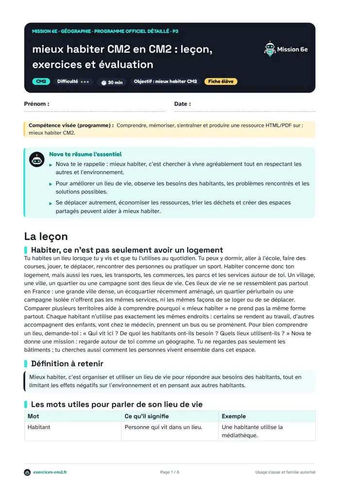 Aperçu du PDF à imprimer : Améliorer un lieu de vie en CM2 : des solutions pour mieux habiter