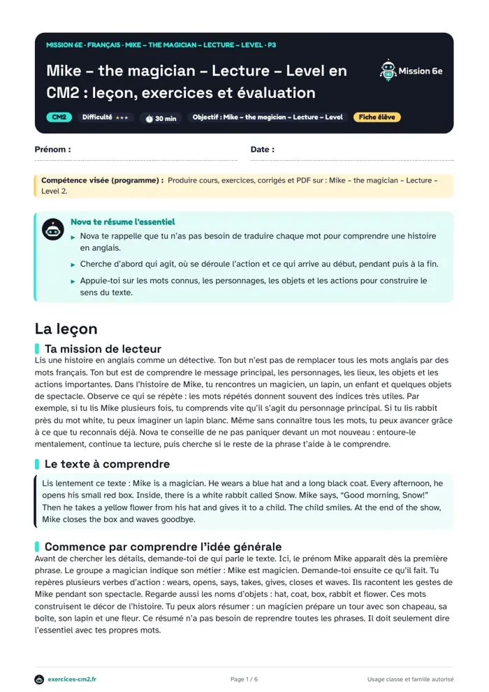 Aperçu du PDF à imprimer : Mike the magician : lecture en anglais Level 2 en CM2, texte et exercices