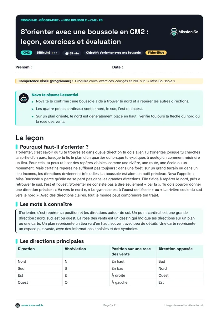Aperçu du PDF à imprimer : S’orienter avec une boussole en CM2 : leçon, exercices et évaluation