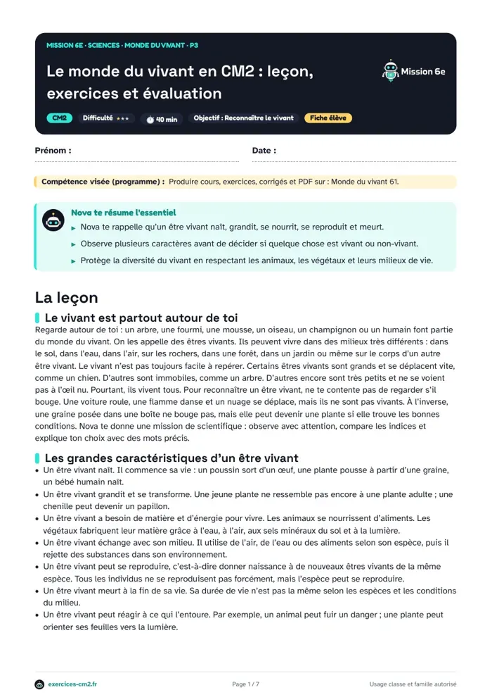Aperçu du PDF à imprimer : Le monde du vivant en CM2 : leçon, exercices et évaluation