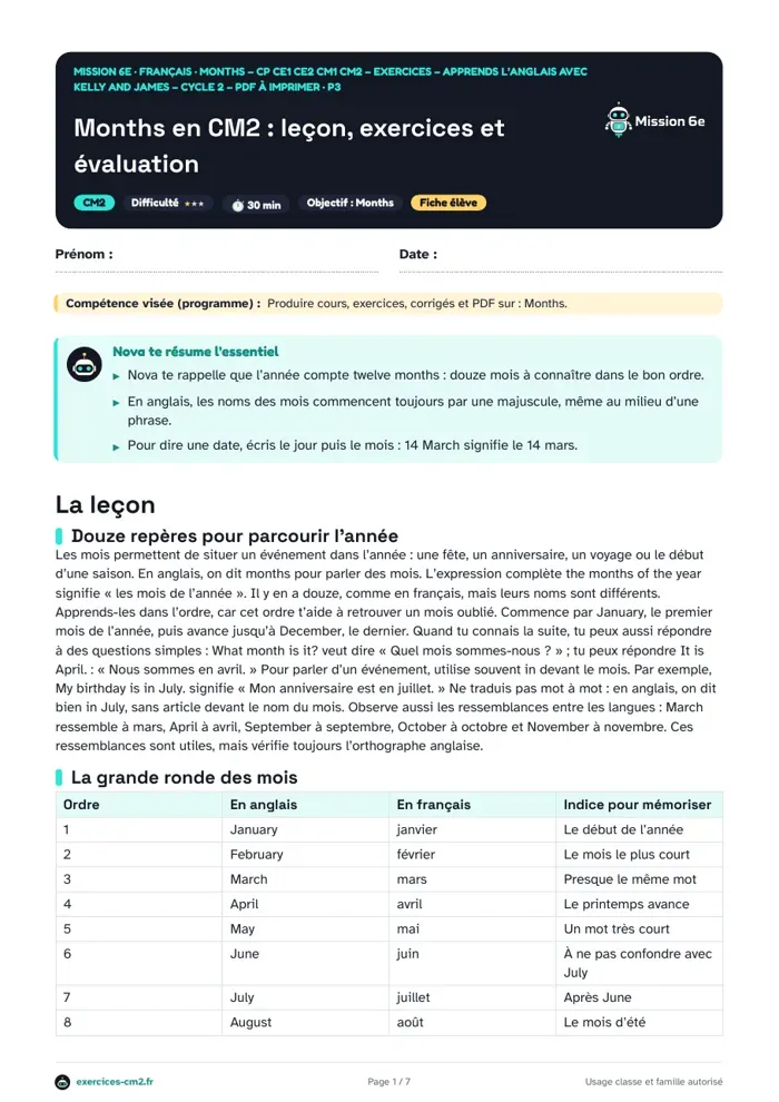 Aperçu du PDF à imprimer : Months en CM2 : leçon, exercices et évaluation