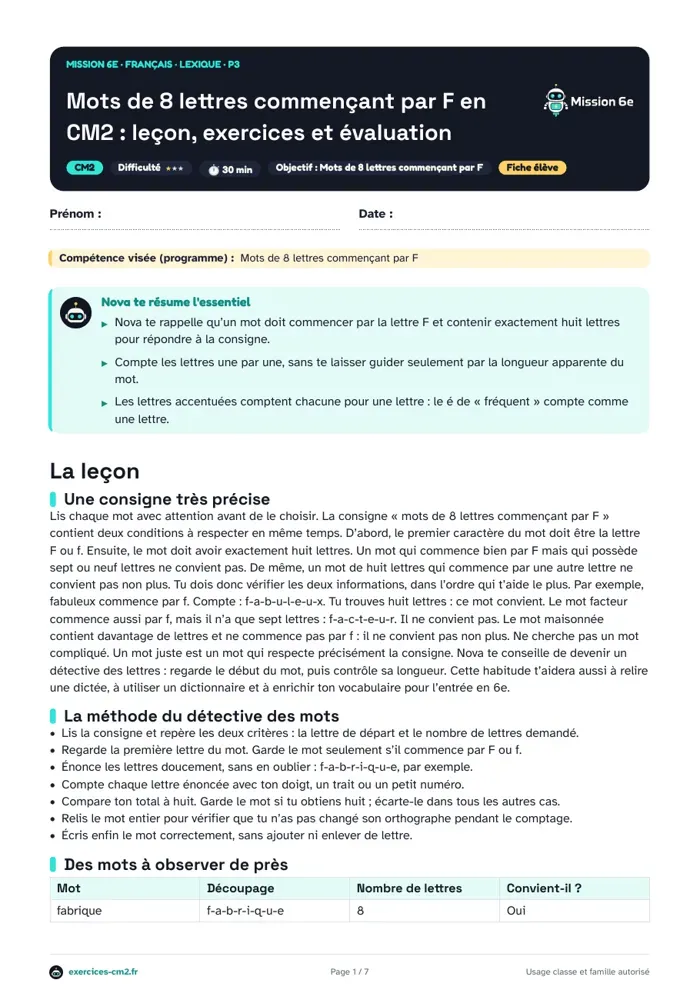 Aperçu du PDF à imprimer : Mots de 8 lettres commençant par F en CM2 : leçon, exercices et évaluation