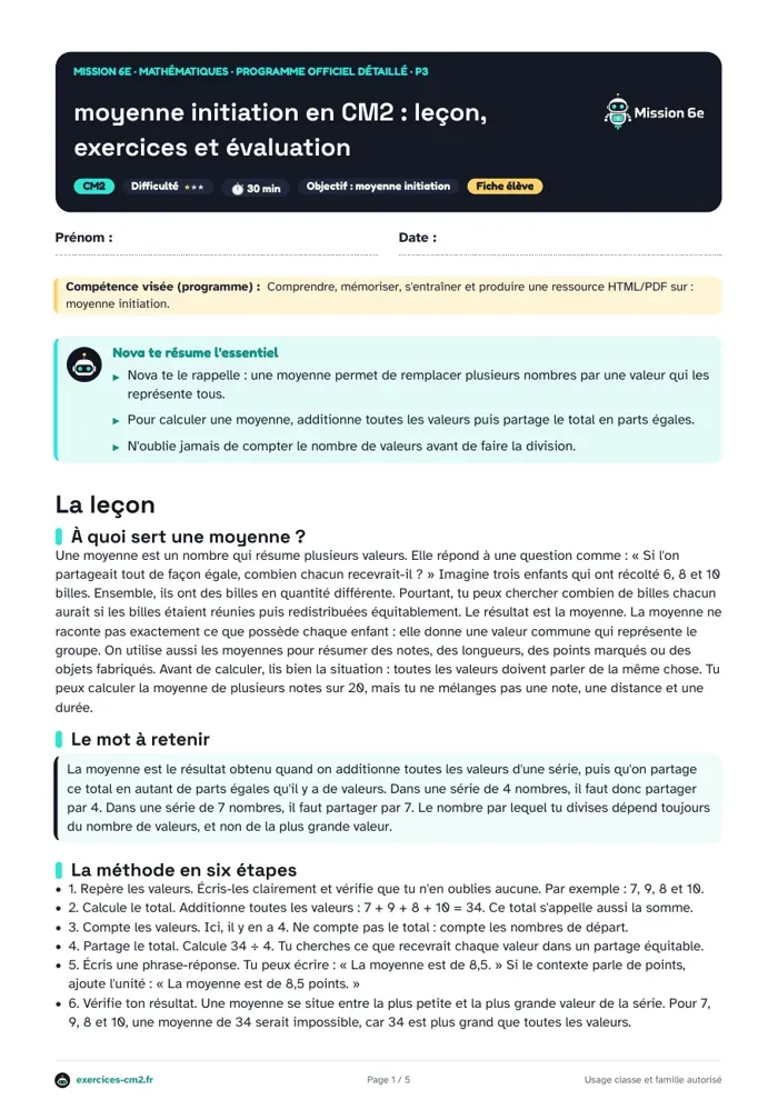 Aperçu du PDF à imprimer : Moyenne initiation en CM2 : leçon, exercices et évaluation