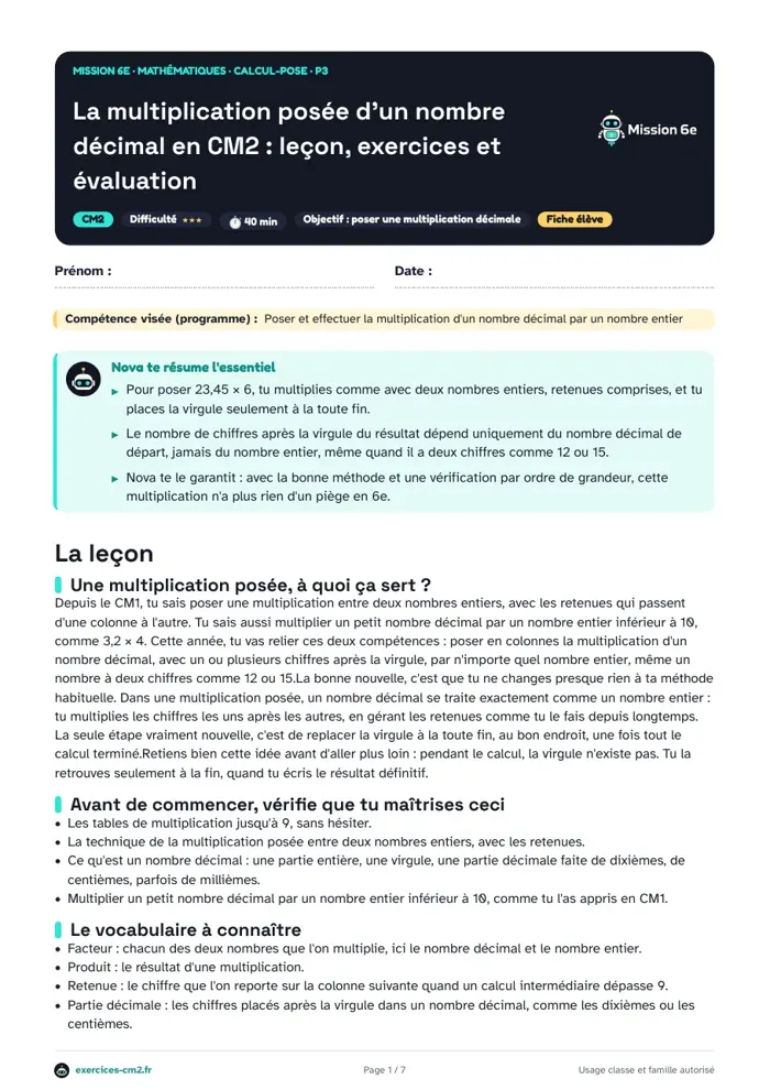Aperçu du PDF à imprimer : La multiplication posée d'un nombre décimal par un entier en CM2