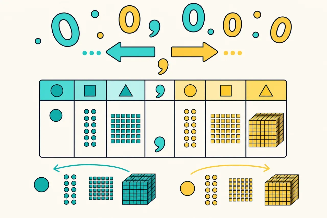Multiplier et diviser un décimal par 10, 100, 1 000, illustration Mission 6e