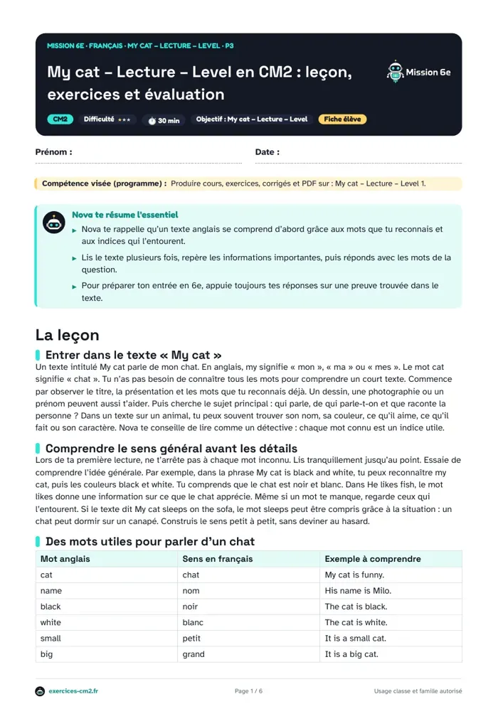 Aperçu du PDF à imprimer : My cat : lecture en anglais Level 1 en CM2, vocabulaire et exercices