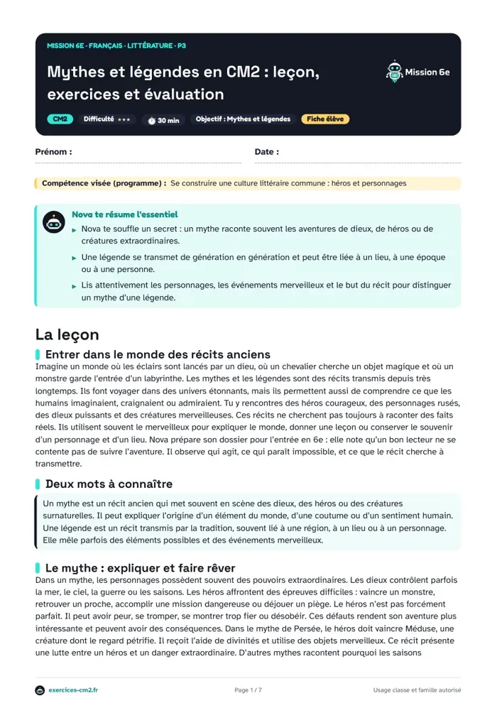 Aperçu du PDF à imprimer : Mythes et légendes en CM2 : leçon, exercices et évaluation