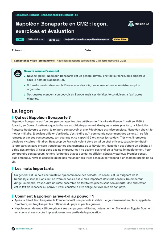 Aperçu du PDF à imprimer : Napoléon Bonaparte en CM2 : leçon, exercices et évaluation