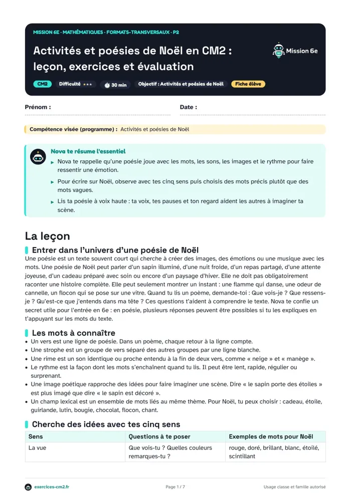 Aperçu du PDF à imprimer : Activités et poésies de Noël en CM2 : leçon, exercices et évaluation