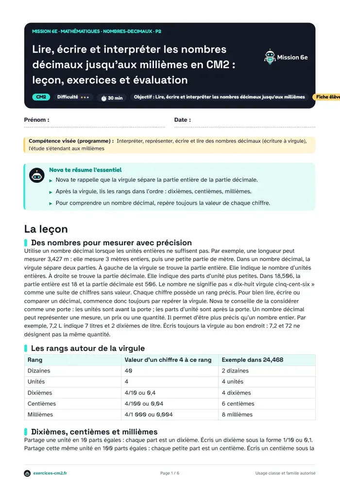 Aperçu du PDF à imprimer : Lire, écrire et interpréter les nombres décimaux jusqu'aux millièmes en CM2 : leçon, exercices et évaluation